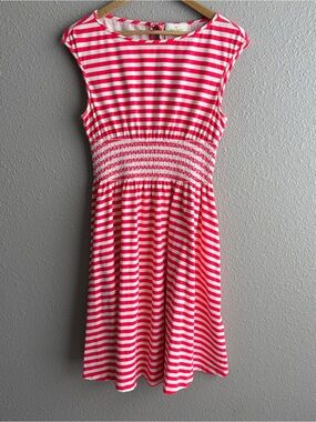 Kate Spade Pink White Striped New York Leora Cotton Smocked Fit And Flare Dress